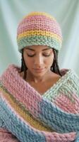 Woman Wearing Handmade Pastel Knit Hat and Blanket with Soft Light and Textured Background photo