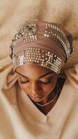 Elegant Woman in Taupe and Sequined Headwrap with Neutral Background and Soft Lighting photo