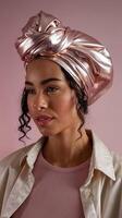 Elegant Woman Wearing Metallic Pink Head Wrap with Curly Hair on Soft Pink Background Looking Confident photo