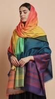 Woman in Vibrant Rainbow Shawl with Gradient Orange Headscarf on Beige Background in Calm Pose photo