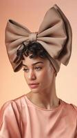 Portrait of Stylish Woman Wearing Beige Big Bow Headscarf and Peach Shirt Against Gradient Background photo