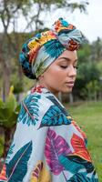 Woman Wearing Tropical Leaf Pattern Headscarf and Shawl in Outdoor Garden Setting with Greenery photo