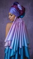 Elegant Woman in Silk Gradient Headwrap and Dress with Purple Background Looking Down photo