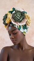 Elegant Woman Posing with Floral Headwrap in Green Yellow and Pink against Soft Beige Background photo