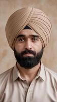 Portrait of a Bearded Man Wearing a Tan Turban in a Neutral Background with a Calm Expression photo