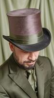 Man in Olive Green Suit and Satin Top Hat with Elegant Formal Style Against Draped Green Background photo