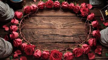 Romantic Red Rose Wreath on Rustic Wooden Tabletop with Scattered Petals and Vintage Elements photo