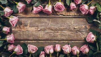 Pink Roses Arranged in a Border on Rustic Weathered Wooden Background for Romantic and Rustic Themes photo