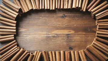 Cinnamon Sticks Arranged in Oval Shape on Rustic Wooden Background Aromatic Spice Decoration Concept photo