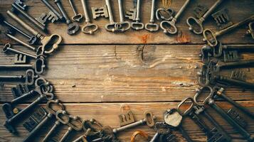 Vintage Skeleton Keys Framed on Rustic Wooden Planks Symbolizing Security Mystery and Unlocking Ideas photo