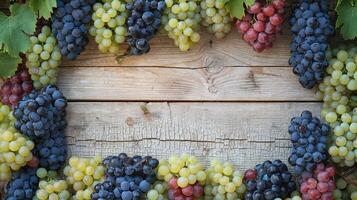 Assorted Bunches of Red Purple Green Grapes on Rustic Wooden Surface Representing Harvest and Freshness photo