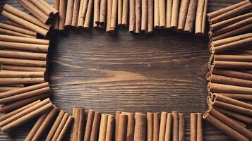 Cinnamon Sticks Arranged Around Rustic Wooden Surface for Natural and Culinary Concepts photo
