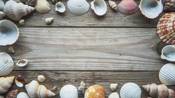 Seashell Frame On Rustic Wooden Plank Background Perfect For Beach And Vacation Themes photo