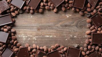 Top View Arrangement of Dark Chocolate Bars and Cocoa Beans on Rustic Wood Background photo