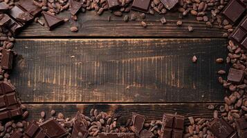 Dark Chocolate Pieces and Cocoa Beans on Rustic Wooden Background for Dessert or Culinary Themes photo