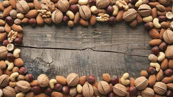 Assorted Mixed Nuts in Rustic Border on Wooden Tabletop for Healthy Diet and Snack Representation photo