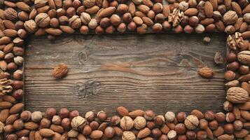 Various Assorted Nuts Frame on Rustic Brown Wooden Background for Healthy Food Concepts photo