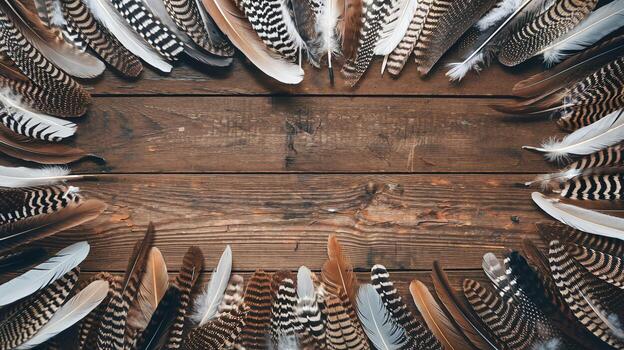 Natural Patterned Feathers in a Circular Arrangement on Rustic Wooden Table Surface Background photo