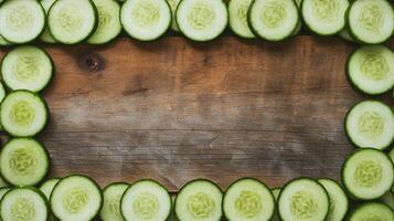 Fresh Green Sliced Cucumber Circle on Rustic Wooden Brown Table Background for Healthy Food Concept photo