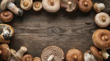 Assorted Fresh Mushrooms Arranged in a Circular Frame on Rustic Wooden Background for Natural Foods Concept photo