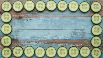 Top View of Fresh Cucumber Slices Framing Rustic Blue Wooden Background for Food Concepts photo
