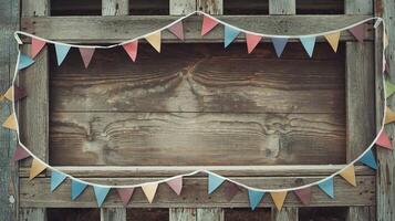 Rustic Wooden Background Framed with Multi Colored Paper Pennant Bunting Hanging on Weathered Fence photo