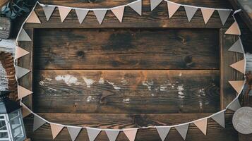 Rustic Wooden Table with Triangle Garland Decorations for Festive or Party Background photo