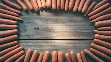 Fresh Orange Carrots Arranged in Circular Shape on Rustic Wooden Table with Natural Light Shadows photo
