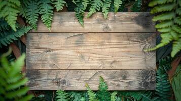 Rustic Wooden Plank Centerpiece Surrounded by Vibrant Green Fern Leaves in Nature Background photo