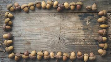 Wooden Surface with Framed Acorns in Natural Autumn Colors for Seasonal or Rustic Designs photo