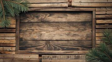 Rustic Wooden Background with Pine Tree Branches and Natural Wood Textures for Seasonal Themes photo