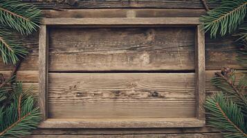 Rustic Wooden Frame with Pine Tree Branches on Weathered Wood Background Representing Nature Seasonal Decor photo