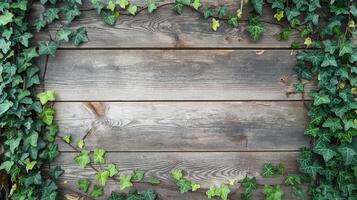 Rustic Wooden Background with Ivy Leaves Border Featuring Green Natural Design Elements photo
