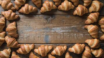 Freshly Baked Golden Croissants Arranged on Rustic Wooden Table Background with Space for Text photo