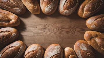 Freshly Baked Rustic Bread Loaves Arranged in Circular Pattern on Wooden Table Background photo