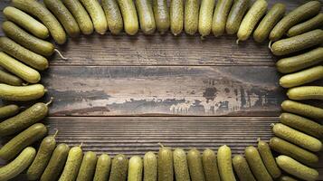 Pickled Cucumbers Arranged in Oval Shape on Rustic Wooden Background for Food and Culinary Themes photo