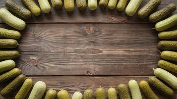 Circular Arrangement of Green Pickles on Rustic Wooden Table with Natural Grain Texture Center photo
