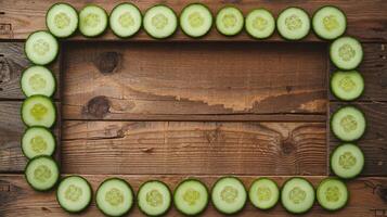 Fresh Green Cucumber Slices Forming Rectangular Frame on Rustic Brown Wooden Table Background photo