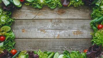 Fresh Vegetables and Green Lettuce Frame on Rustic Wooden Table Background for Healthy Diet Concepts photo