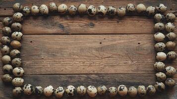 Quail Eggs Framing Rustic Wooden Background Perfect for Food Art or Design Projects photo