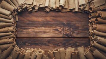 Rustic Burlap Rolls Arranged On Wooden Background With Natural Warm Brown Tones For Vintage Design photo