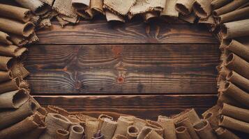Rustic Wooden Background Framed by Rolled Burlap Fabric with Natural Texture for Crafts and Design photo