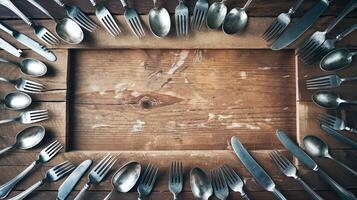 Vintage Silverware Arranged in Circle on Rustic Wooden Background for Dining Concept photo
