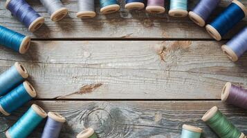 Spools of Multicolored Thread on Rustic Wooden Background for Sewing and Craft Projects photo