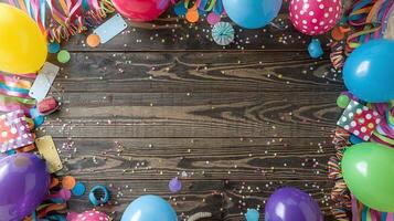 Colorful Party Decorations with Balloons Confetti and Wooden Background for Celebrations and Events photo