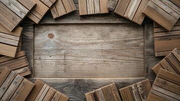Rustic Wooden Background with Plank Frame and Weathered Wood Texture Surrounded by Wooden Pieces photo