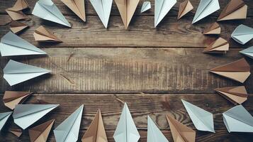 Paper Airplanes in Brown and White Arranged on Rustic Wooden Table Symbolizing Creativity and Teamwork photo