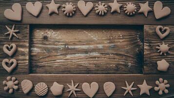 Clay Craft Frame with Handmade Shapes on Rustic Wooden Table Artistic Boho Creative Background photo