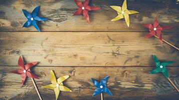 Colorful Pinwheel Toys Arranged in Circle on Rustic Wooden Surface Celebrating Fun and Playfulness photo