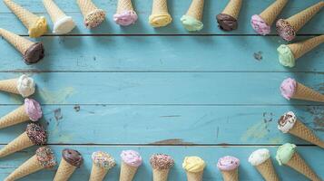 Assorted Ice Cream Cones in Circle on Vintage Blue Wooden Background with Space for Text photo